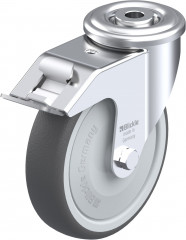 Roulette pivotante polyuréthane thermoplastique avec trou central et blocage “stop-fix”