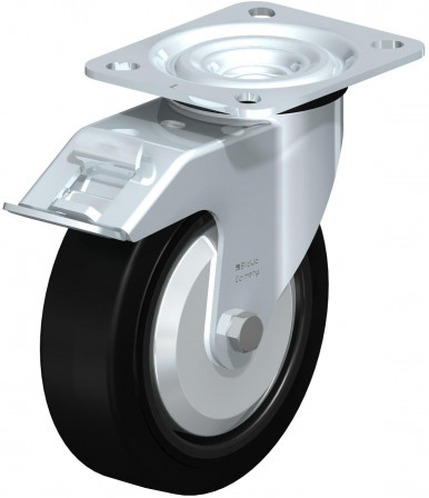 Roulette pivotante en tôle d’acier, version mi-lourde, avec platine à visser et blocage “stop-fix”