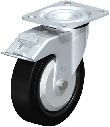 Roulette pivotante en tôle d’acier, version mi-lourde, avec platine à visser et blocage “stop-fix”