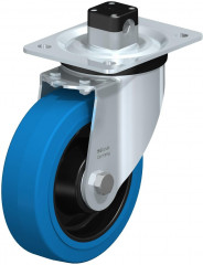 Roulette pivotante en tôle d’acier, version mi-lourde, avec platine à visser et blocage centralisé “central-stop”