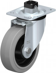 Roulette pivotante en tôle d’acier, version mi-lourde, avec platine à visser et blocage centralisé “central-stop”
