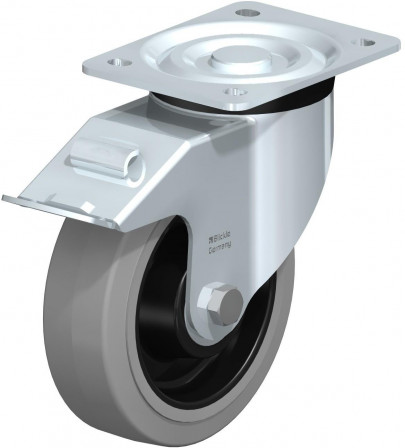 Roulette pivotante en tôle d’acier, version mi-lourde, avec platine à visser et blocage “stop-fix”