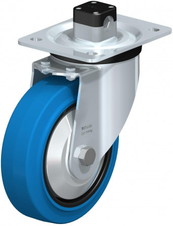 Roulette pivotante en tôle d’acier, version mi-lourde, avec platine à visser et blocage centralisé “central-stop”