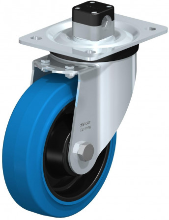 Roulette pivotante en tôle d’acier, version mi-lourde, avec platine à visser et blocage centralisé “central-stop”