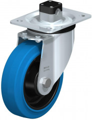 Roulette pivotante en tôle d’acier, version mi-lourde, avec platine à visser et blocage centralisé “central-stop”