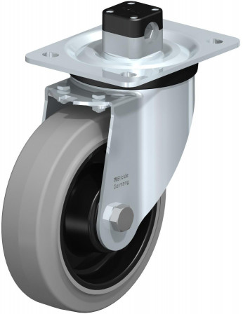 Roulette pivotante en tôle d’acier, version mi-lourde, avec platine à visser et blocage centralisé “central-stop”