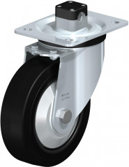 Roulette pivotante en tôle d’acier, version mi-lourde, avec platine à visser et blocage centralisé “central-stop”