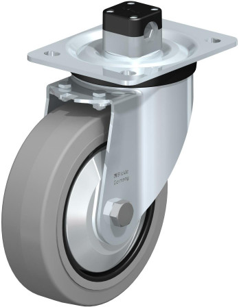 Roulette pivotante en tôle d’acier, version mi-lourde, avec platine à visser et blocage centralisé “central-stop”