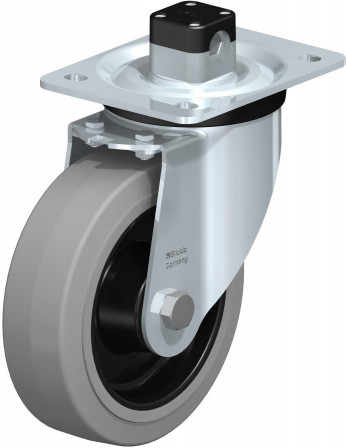 Roulette pivotante en tôle d’acier, version mi-lourde, avec platine à visser et blocage centralisé “central-stop”