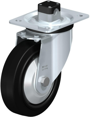 Roulette pivotante en tôle d’acier, version mi-lourde, avec platine à visser et blocage centralisé “central-stop”