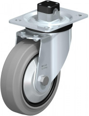 Roulette pivotante en tôle d’acier, version mi-lourde, avec platine à visser et blocage centralisé “central-stop”