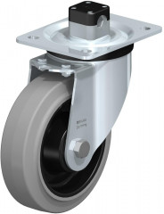 Roulette pivotante en tôle d’acier, version mi-lourde, avec platine à visser et blocage centralisé “central-stop”