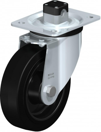 Roulette pivotante en tôle d’acier, version mi-lourde, avec platine à visser et blocage centralisé “central-stop”