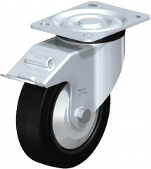 Roulette pivotante en tôle d’acier, version mi-lourde, avec platine à visser et blocage “stop-fix”