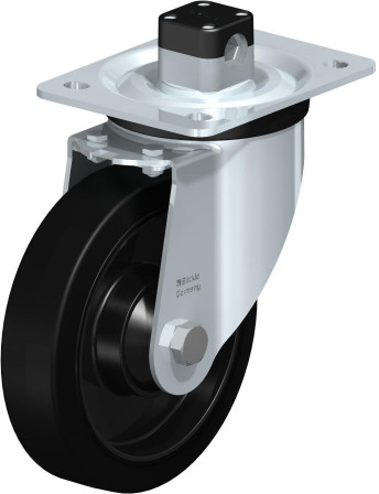 Roulette pivotante en tôle d’acier, version mi-lourde, avec platine à visser et blocage centralisé “central-stop”