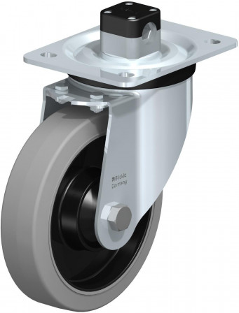 Roulette pivotante en tôle d’acier, version mi-lourde, avec platine à visser et blocage centralisé “central-stop”