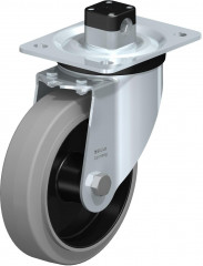 Roulette pivotante en tôle d’acier, version mi-lourde, avec platine à visser et blocage centralisé “central-stop”