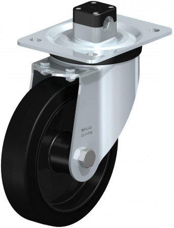Roulette pivotante en tôle d’acier, version mi-lourde, avec platine à visser et blocage centralisé “central-stop”