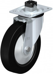 Roulette pivotante en tôle d’acier, version mi-lourde, avec platine à visser et blocage centralisé “central-stop”