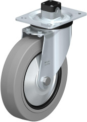 Roulette pivotante en tôle d’acier, version mi-lourde, avec platine à visser et blocage centralisé “central-stop”