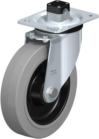 Roulette pivotante en tôle d’acier, version mi-lourde, avec platine à visser et blocage centralisé “central-stop”