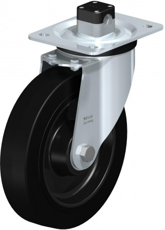 Roulette pivotante en tôle d’acier, version mi-lourde, avec platine à visser et blocage centralisé “central-stop”