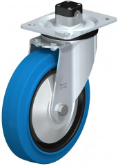 Roulette pivotante en tôle d’acier, version mi-lourde, avec platine à visser et blocage centralisé “central-stop”