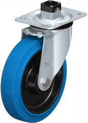 Roulette pivotante en tôle d’acier, version mi-lourde, avec platine à visser et blocage centralisé “central-stop”