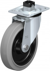 Roulette pivotante en tôle d’acier, version mi-lourde, avec platine à visser et blocage centralisé “central-stop”