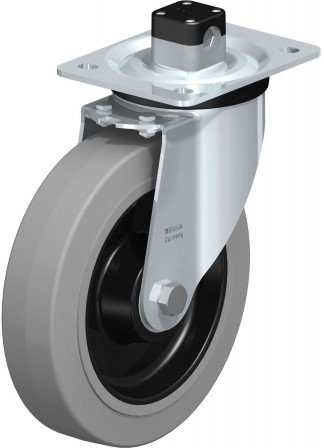 Roulette pivotante en tôle d’acier, version mi-lourde, avec platine à visser et blocage centralisé “central-stop”