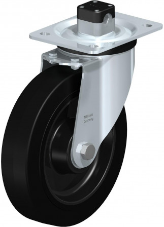 Roulette pivotante en tôle d’acier, version mi-lourde, avec platine à visser et blocage centralisé “central-stop”