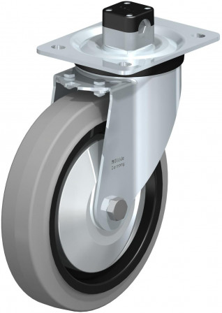 Roulette pivotante en tôle d’acier, version mi-lourde, avec platine à visser et blocage centralisé “central-stop”