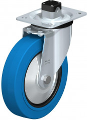 Roulette pivotante en tôle d’acier, version mi-lourde, avec platine à visser et blocage centralisé “central-stop”