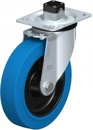 Roulette pivotante en tôle d’acier, version mi-lourde, avec platine à visser et blocage centralisé “central-stop”
