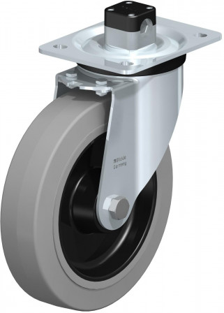 Roulette pivotante en tôle d’acier, version mi-lourde, avec platine à visser et blocage centralisé “central-stop”