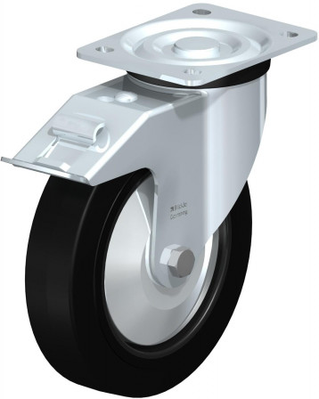 Roulette pivotante en tôle d’acier, version mi-lourde, avec platine à visser et blocage “stop-fix”