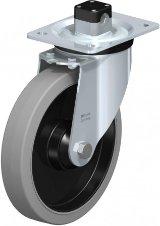 Roulette pivotante en tôle d’acier, version mi-lourde, avec platine à visser et blocage centralisé “central-stop”