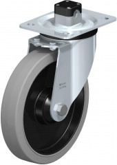 Roulette pivotante en tôle d’acier, version mi-lourde, avec platine à visser et blocage centralisé “central-stop”