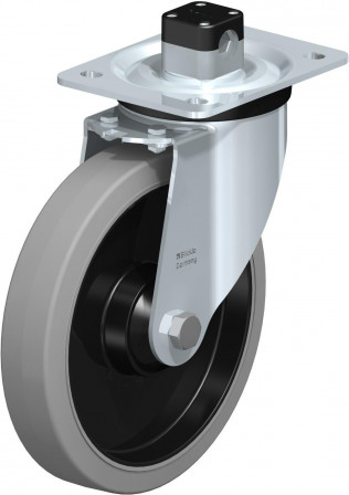 Roulette pivotante en tôle d’acier, version mi-lourde, avec platine à visser et blocage centralisé “central-stop”