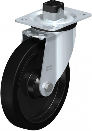 Roulette pivotante en tôle d’acier, version mi-lourde, avec platine à visser et blocage centralisé “central-stop”