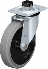 Roulette pivotante en tôle d’acier, version mi-lourde, avec platine à visser et blocage centralisé “central-stop”