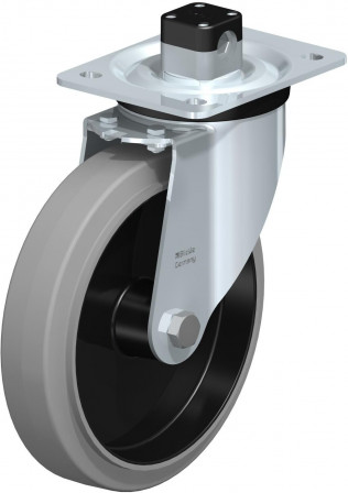Roulette pivotante en tôle d’acier, version mi-lourde, avec platine à visser et blocage centralisé “central-stop”