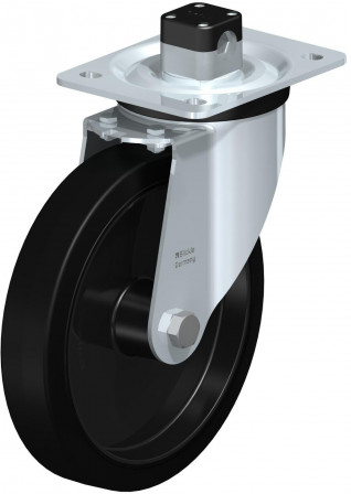 Roulette pivotante en tôle d’acier, version mi-lourde, avec platine à visser et blocage centralisé “central-stop”