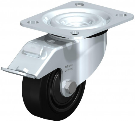 Roulette pivotante en tôle d’acier, version mi-lourde, avec platine à visser et blocage “stop-fix”