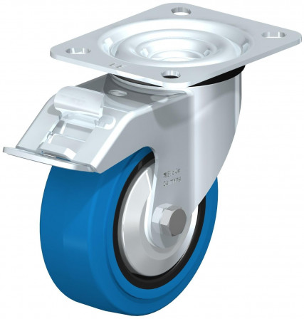 Roulette pivotante en tôle d’acier, avec platine à visser et blocage “stop-fix”