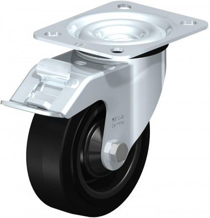 Roulette pivotante en tôle d’acier, avec platine à visser et blocage “stop-fix”