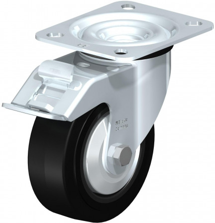 Roulette pivotante en tôle d’acier, avec platine à visser et blocage “stop-fix”