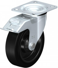 Roulette pivotante en tôle d’acier, avec platine à visser et blocage “stop-fix”