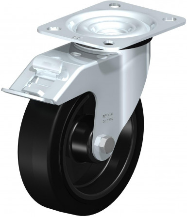 Roulette pivotante en tôle d’acier, avec platine à visser et blocage “stop-fix”