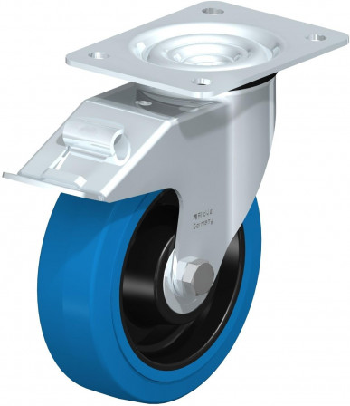 Roulette pivotante en tôle d’acier, avec platine à visser et blocage “stop-fix”